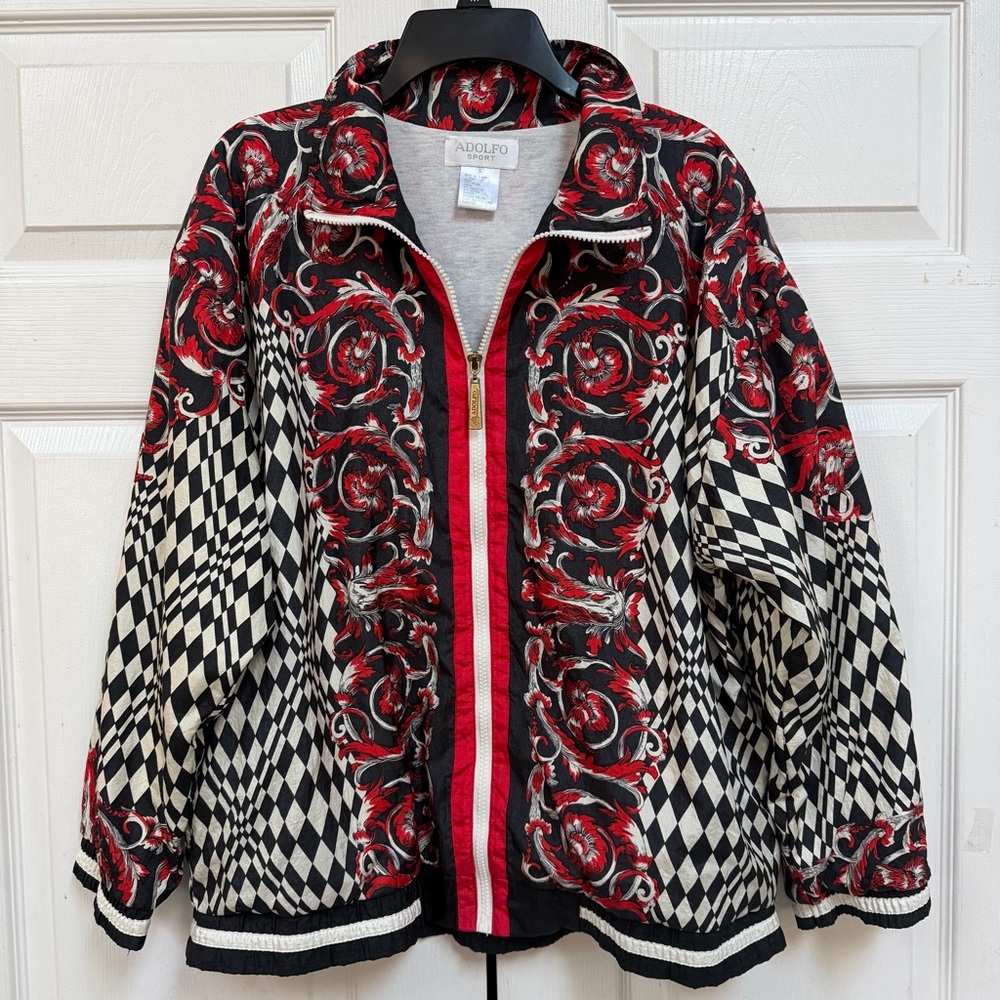 VTG Adolfo Red and Black Patterned Bomber Jacket Windbreaker Size S Zip - Picture 12 of 15
